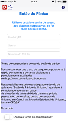 Tela do Aplicativo Botão do Pânico