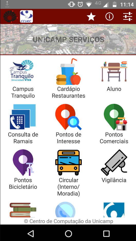 Tela do Aplicativo Unicamp Serviços