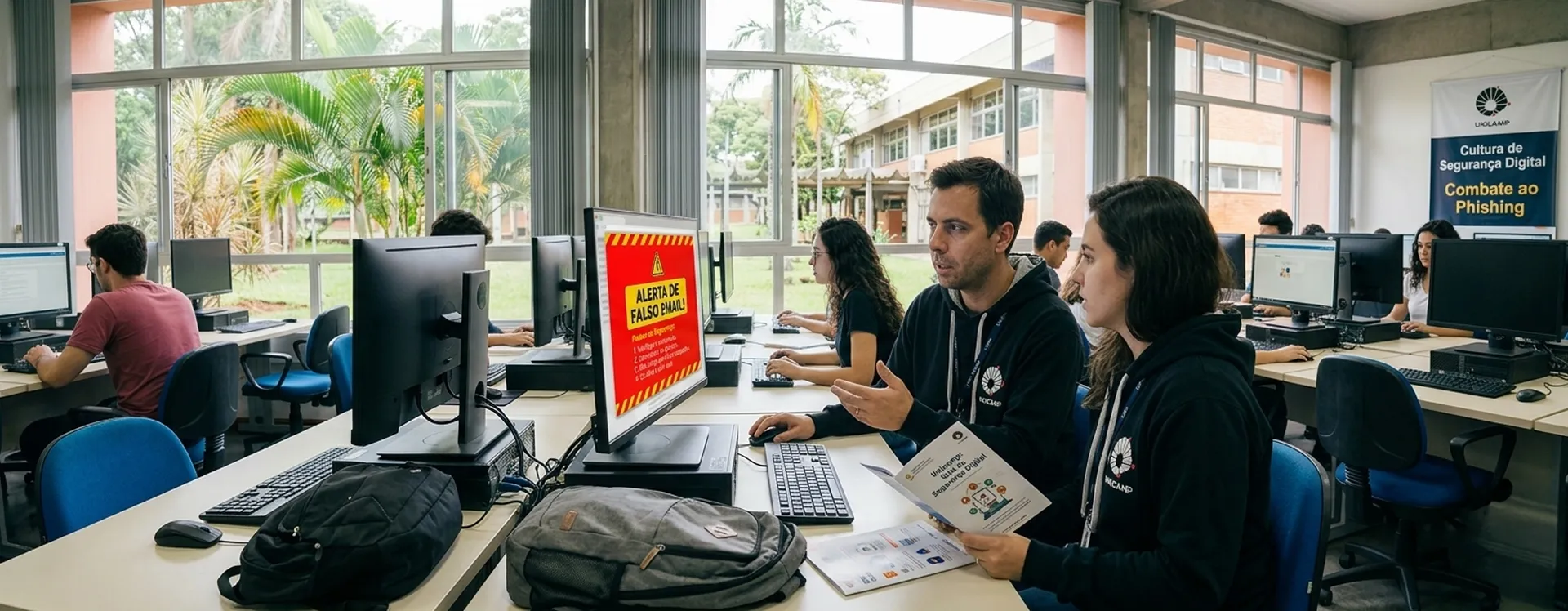 Ao centro, dois funcionários da Unicamp conversam sobre a cultura de segurança digital, em frente a um computador com a mensagem "Alerta de falso e-mail"