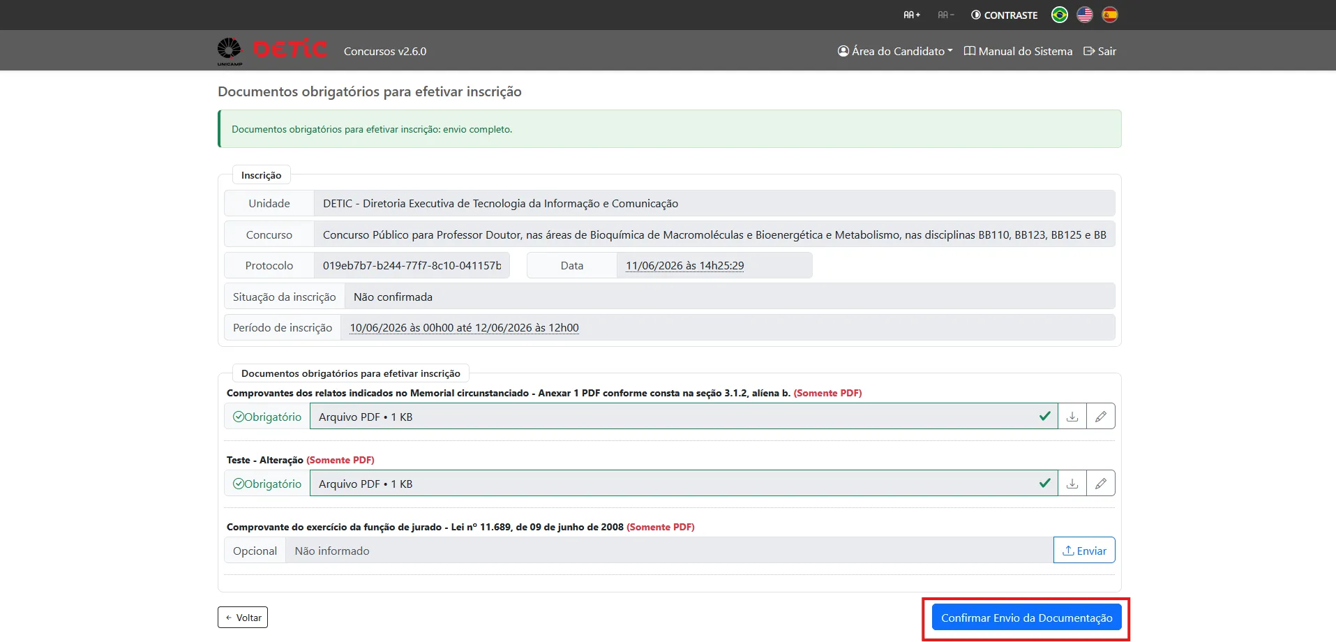 Documentos obrigatórios preenchidos